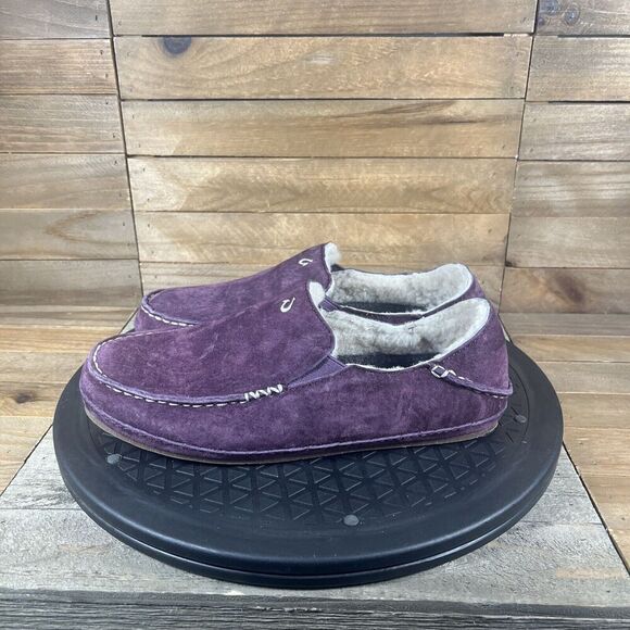 Olukai Nohea Slippers Womens Sz 5 Mystic Berry Red Nubuck Leather Fur Shearling - Picture 3 of 10